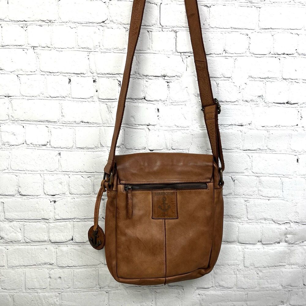 Harbour 2nd Leather Crossbody Bag Brown Magnetic Flap Zipper Pockets - Picture 3 of 11